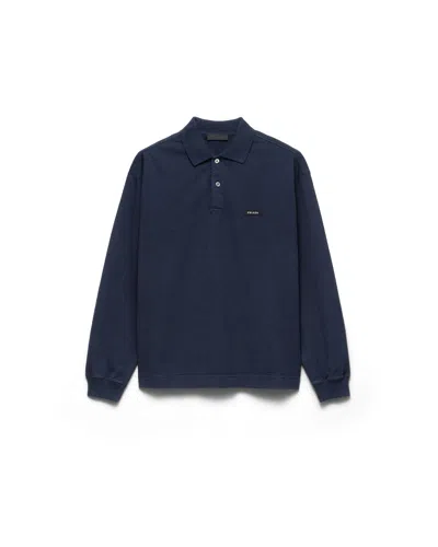 Prada Langärmliges Poloshirt Aus Baumwolle In Blue