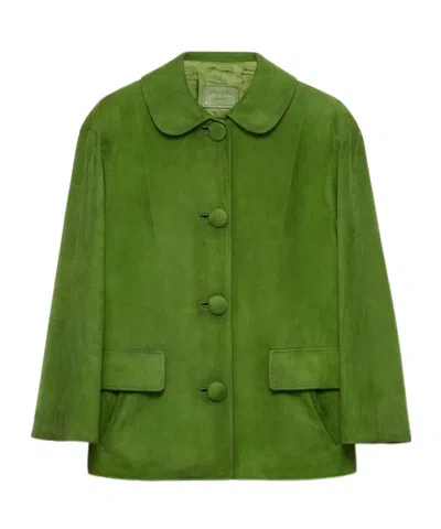 Prada Lapel Long Sleeve Leather Jacket In Apple Green
