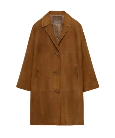 Prada Lapel Long-sleeved Coat In Tobacco