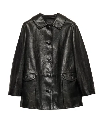 Prada Lapel Long-sleeved Leather Jacket In Black