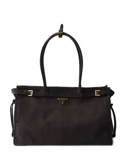 Prada Large Bonnie Suede Tote Bag In Brown