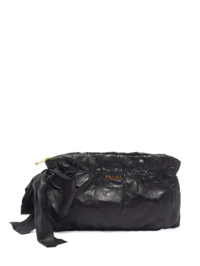 Pre-owned Prada Large Bow Leather Clutch Bag In Black