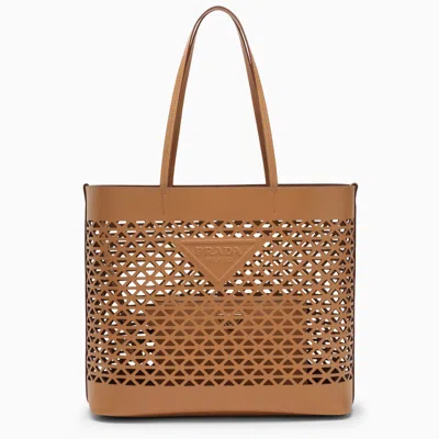 Prada Large Brown Perforated Leather Shopping Bag In Beige