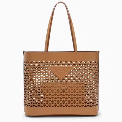 Prada Large Brown Perforated Leather Shopping Bag In Cream
