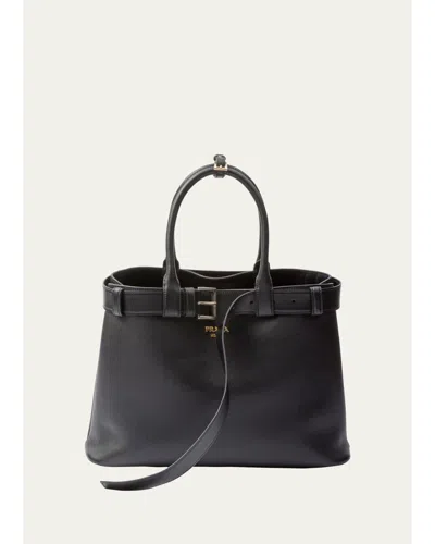 Prada Large Buckle Grain Leather Top-handle Bag In Nero