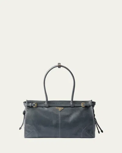 Prada Large Buckle Leather Shoulder Bag In Blue