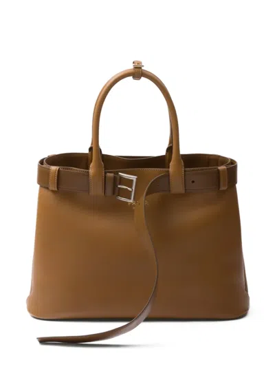 Prada Buckle Large Leather Handbag With Belt In Caramel