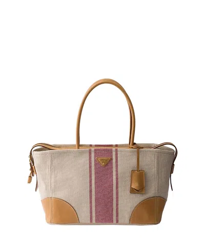 Prada Large Canvas And Leather Shopping Bag In Neutral
