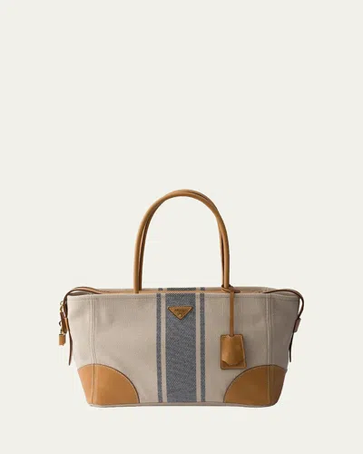 Prada Large Canvas And Leather Tote Bag In Natural/blue