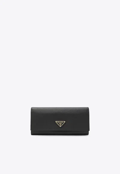 Prada Large Continental Wallet In Saffiano Leather In Black