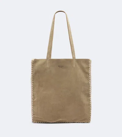 Prada Large Crochet Suede Shopper In Beige