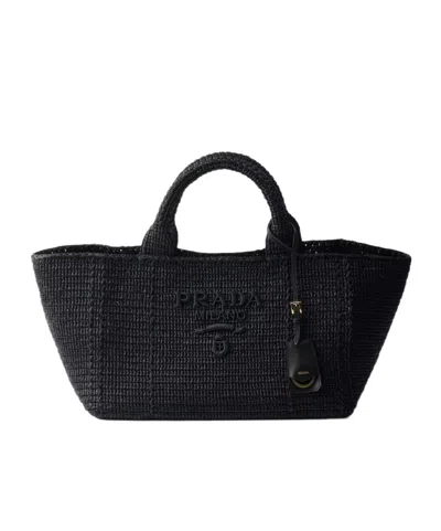 Prada Large Crochet Tote Bag With Leather Details In Black