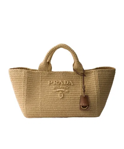 Prada Large Crocheted Handbag In Neutral