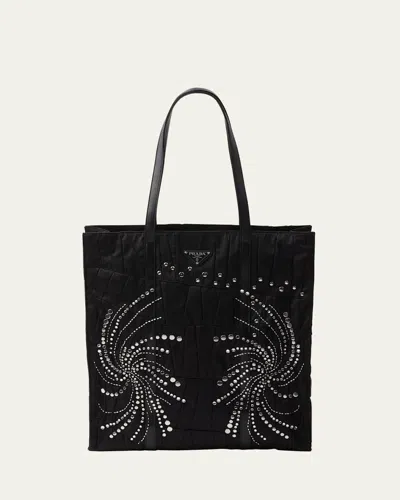 Prada Patch Embroidered Quilted Tote Bag In Black