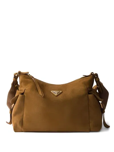 Prada Large Explore Suede-leather Shoulder Bag In Brown