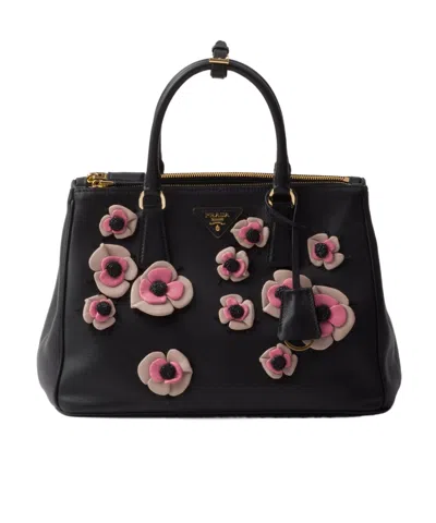 Prada Large Galleria Floral Appliqué Bag In Black