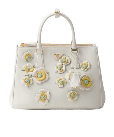 Prada Large  Galleria Leather Bag With Floral Appliqués In White