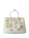 Prada Large  Galleria Leather Bag With Floral Appliqués In White