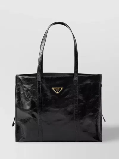 Prada Large Glossy Leather Tote Bag In Grey