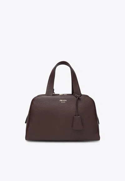 Prada Large Grained Leather Shoulder Bag In Brown