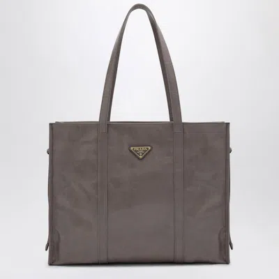Prada Large Grey Leather Shopping Bag Women In Gray