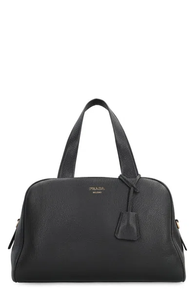 Prada Large Leather Boston Bag In Black