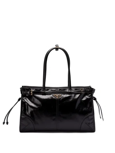 Prada Womens Black Logo-plaque Large Leather Top-handle Bag