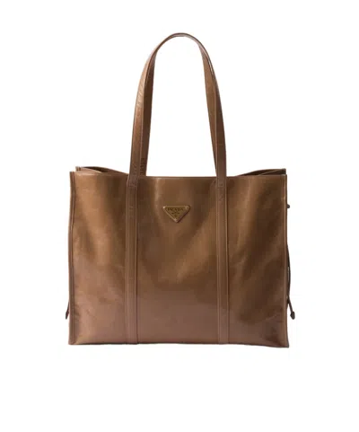 Prada Large Leather Handbag In Brown
