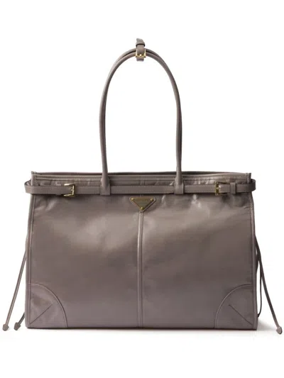 Prada Womens Grey Brand-plaque Large Leather Shoulder Bag
