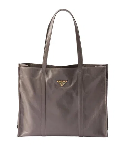 Prada Large Leather Tote Bag In Gray