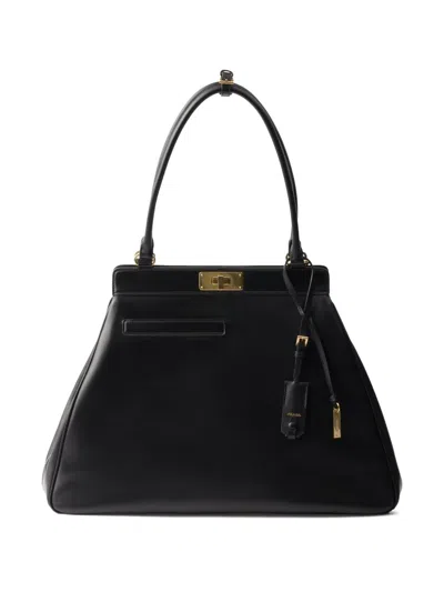 Prada Large Leather Tote Bag In Black