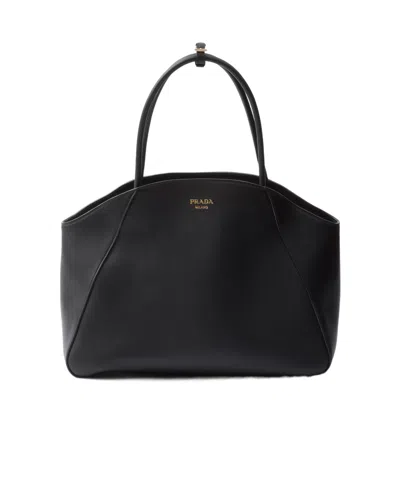 Prada Large Leather Tote Bag In Black
