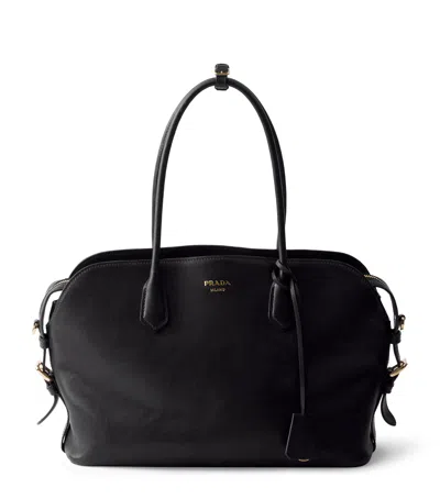 Prada Large Leather Tote Bag In Black