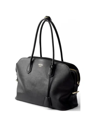 Prada Large Leather Tote Bag In Black