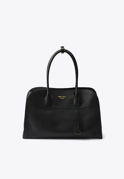 Prada Large Leather Tote Bag In Black