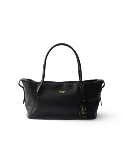 Prada Large Leather Tote Bag In Black