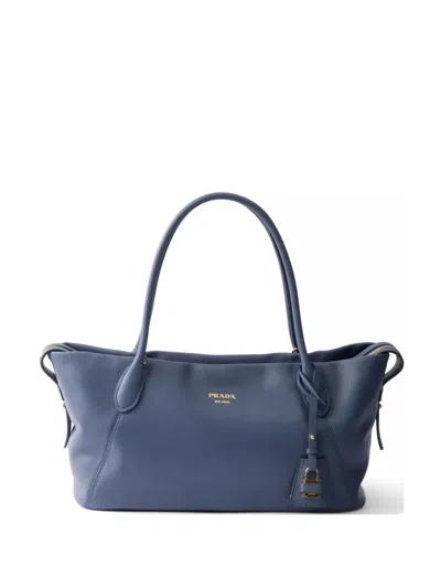 Prada Large Leather Tote Bag In Blue