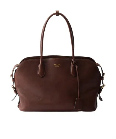 Prada Large Leather Tote Bag In Brown