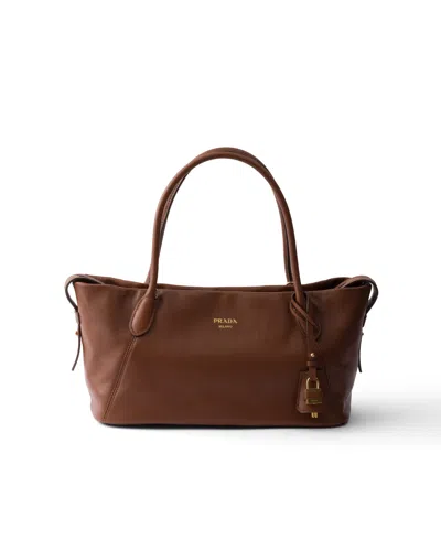Prada Large Leather Tote Bag In Brown