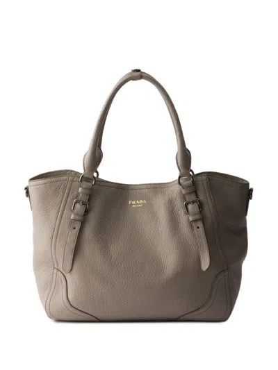 Prada Large Leather Tote Bag In Gray