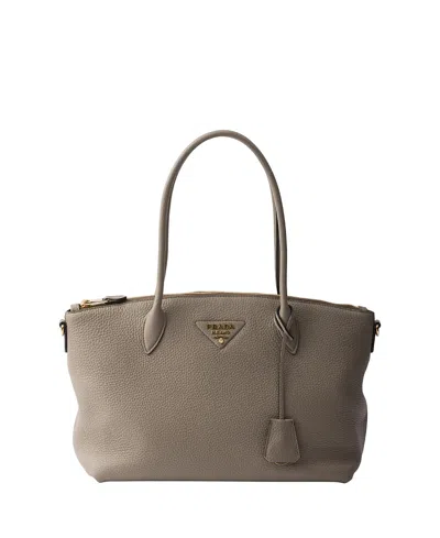 Prada Large Leather Tote Bag In Gray