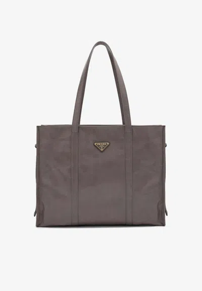 Prada Large Leather Tote Bag In Gray