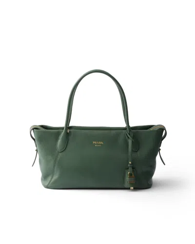 Prada Large Leather Tote Bag In Green