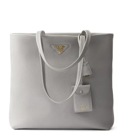 Prada Large Leather Tote Bag In Granite Gray