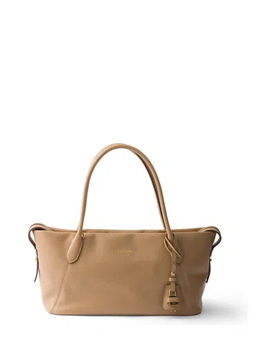 Prada Large Leather Tote Bag In Neutral