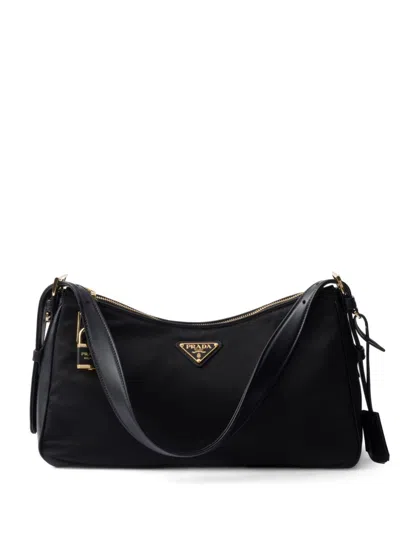 Prada Aimee Large Re-nylon And Leather Shoulder Bag With Padlock In Black