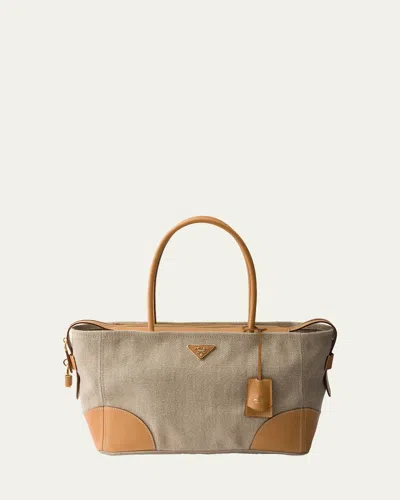 Prada Large Linen & Leather Tote Bag