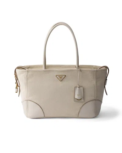 Prada Large Linen Blend And Leather Tote Bag In Neutral