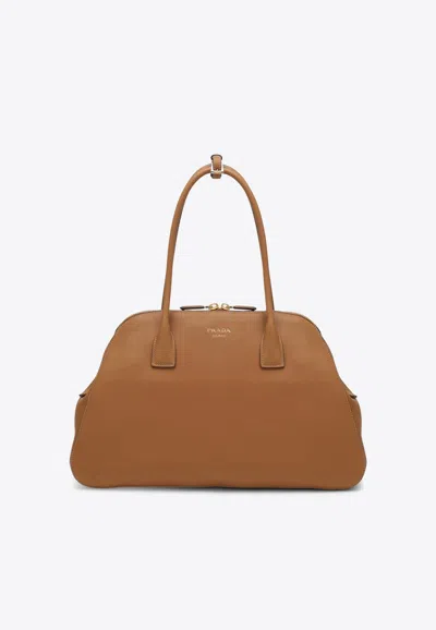 Prada Large Logo Leather Tote Bag In Caramel
