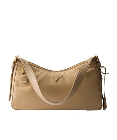 Prada Aimée Large Re-nylon And Leather Shoulder Bag With Padlock In Camel Brown